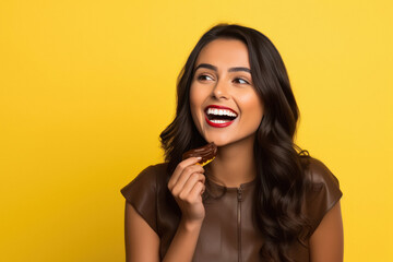 Beautiful young Indian woman eating chocolate