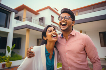 Beautiful young Indian couple standing in front of house - obrazy, fototapety, plakaty
