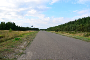 Fototapeta na wymiar empty asphalt road going forward with forest and blue sky with clouds