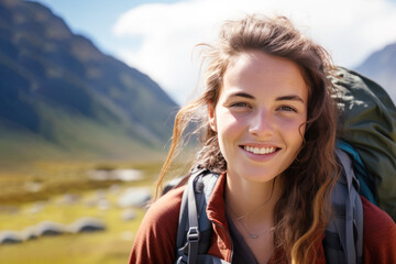 Nature lover woman smiling in jacket and backpack hiking up mountain