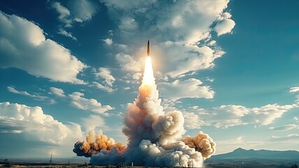 a military missile in flight against the sky. warhead or atomic bomb, chemical weapons, rocket launch.