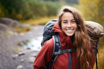 Nature lover woman smiling in jacket and backpack on hiking trail