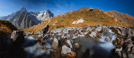 The panorama of Val Ferret, one of the wildest and most spectacular areas of the Italian Alps, near...