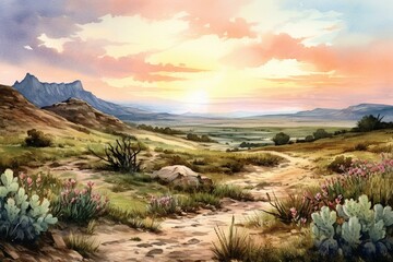 Watercolor illustration of American prairies with cactus, portraying the Wild West. Generative AI