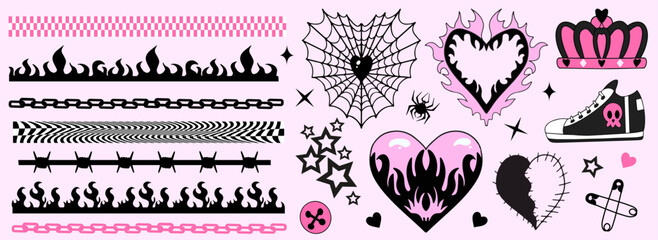 Y2k 2000s cute emo goth aesthetic stickers, tattoo art elements, borders. Vintage pink and black gloomy set. Gothic halloween concept of creepy love. Vector illustration