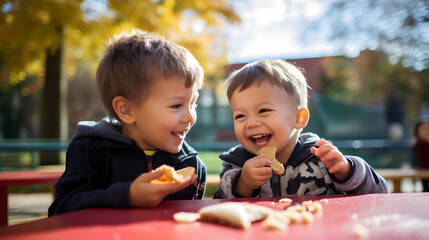 Kindergarten boy sharing snack with another child on the playground - obrazy, fototapety, plakaty