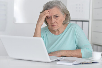 Fototapeta premium old woman with a laptop on a white background