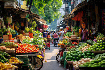 Bustling Street Market in Hanoi, Vietnam: A Cultural Experience with Vibrant Vendors and Fresh Produce.



