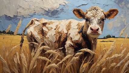 cow in the wheat field,  Impasto oil painting