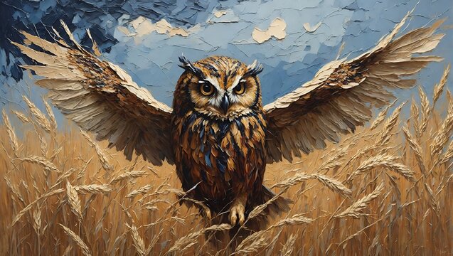 owl in the wheat field,  Impasto oil painting