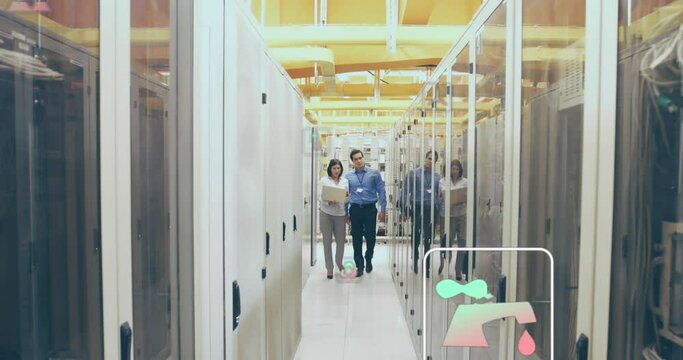 Animation of icons over diverse coworkers discussing while walking in corridor of data server room