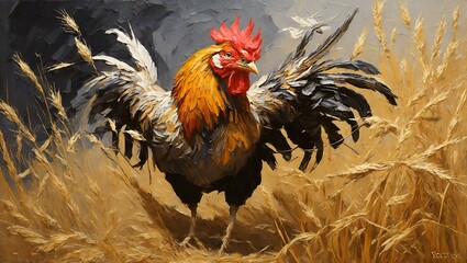 Fototapeta premium rooster in the wheat field, Impasto oil painting