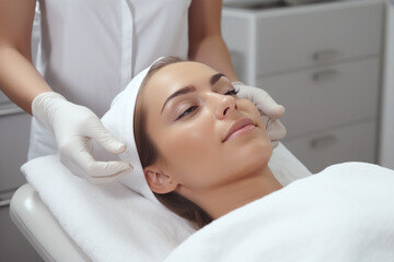 A woman is undergoing a cosmetic procedure service at a beauty salon