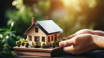 a hand holding a small model house with prominent solar panels installed on its roof, highlighting the role of renewable energy in eco-friendly living.