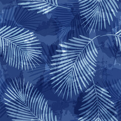 Palm Leaves Pattern. Watercolor Palm leaves seamless vector background, blue jungle print textured