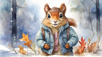 Fotobehang little squirrel in a autumn mood with fallen leaves © ArtistiKa