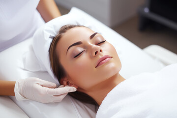 Obraz na płótnie Canvas A woman is undergoing a cosmetic procedure service at a beauty salon