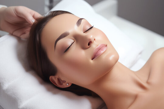A woman is undergoing a cosmetic procedure service at a beauty salon
