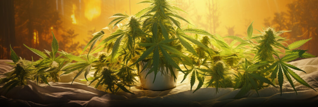Cannabis bush used in medicine, growing facility with agricultural lighting, Hydroponics, Grow room.