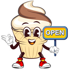 Mascot character of an ice cream cone with a funny face giving a okay sign next to a sign saying open, isolated cartoon vector illustration. emoticon, cute ice cream cone mascot