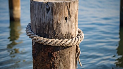 An artistic photograph of a weathered wooden post by the marina.
