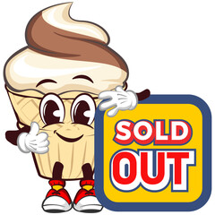 Mascot character of an ice cream cone with a funny face giving a thumbs up sign next to a sign saying sold out, isolated cartoon vector illustration. emoticon, cute ice cream cone mascot