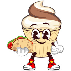 mascot character of an ice cream cone with a funny face with a taco while giving a thumbs up, isolated cartoon vector illustration. emoticon, cute ice cream cone mascot