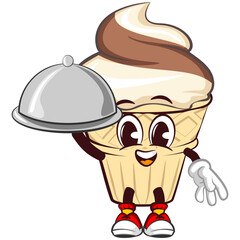 character mascot of ice cream cone with cute face waiter serving dish, isolated cartoon vector illustration. emoticon, cute ice cream cone mascot