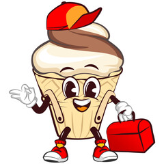 character mascot of ice cream cone with funny face handyman in hat carrying boxtool, isolated cartoon vector illustration. emoticon, cute ice cream cone mascot
