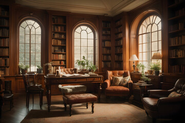 Home Library room Interior Design with windows