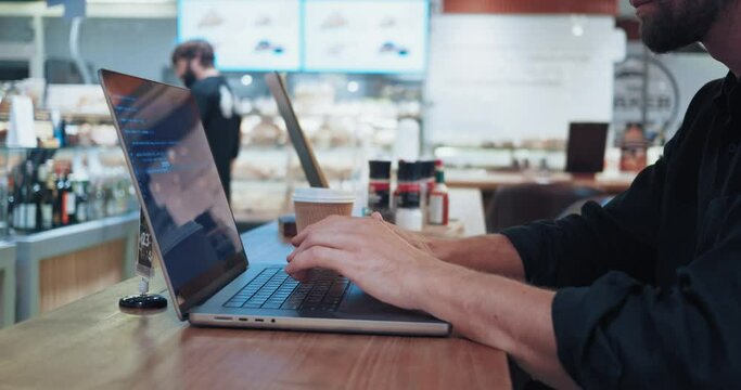 Data scientist. Programmer analyzing and visualizing data on his computer, surrounded by charts and code. close up hands data scientist working in cafe and typing code or fixing issue