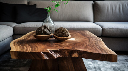 Live edge wooden accent coffee table near sofa close up. Interior design of modern living room.
