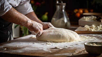 Fototapeta premium Preparing Pizza Dough - The process of making homemade pizza takes place on a kitchen table.
