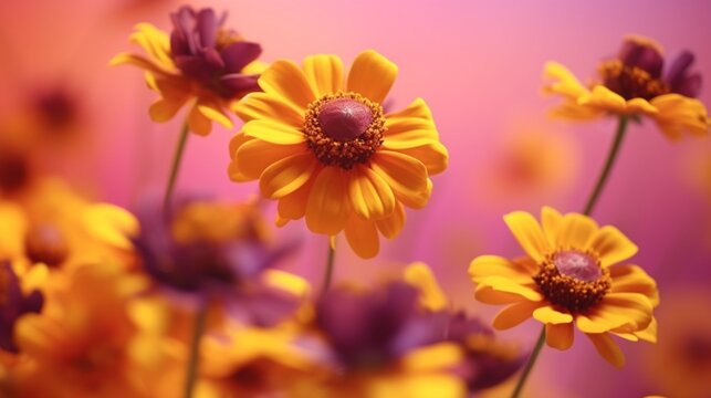 Soft focus macro abstract art background with lovely flowers. yellow blossoms Autumn helenium Nature's Heleniastrum Autumnale on a purple backdrop.