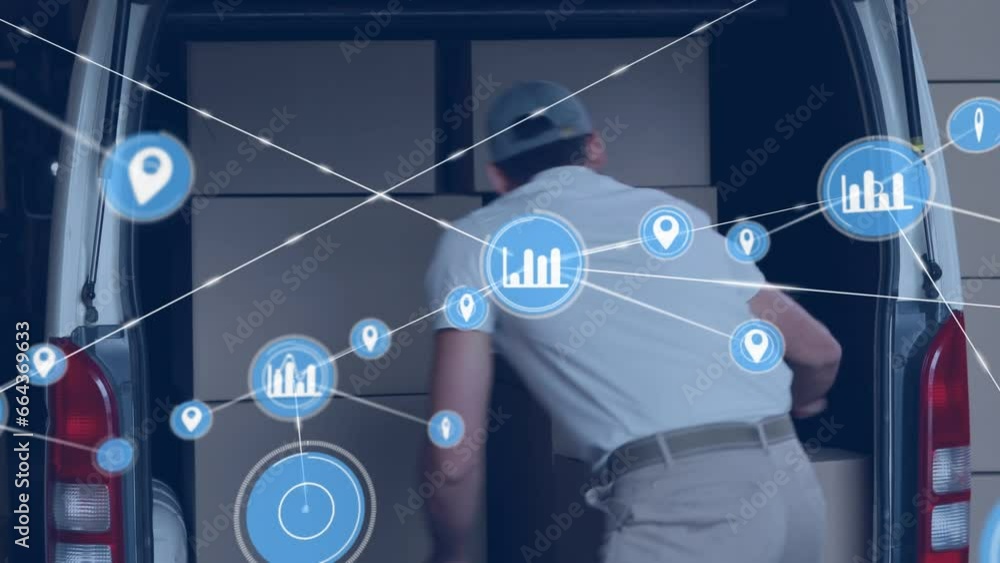 Poster animation of network of profile icons over caucasian delivery man unloading boxes from delivery van