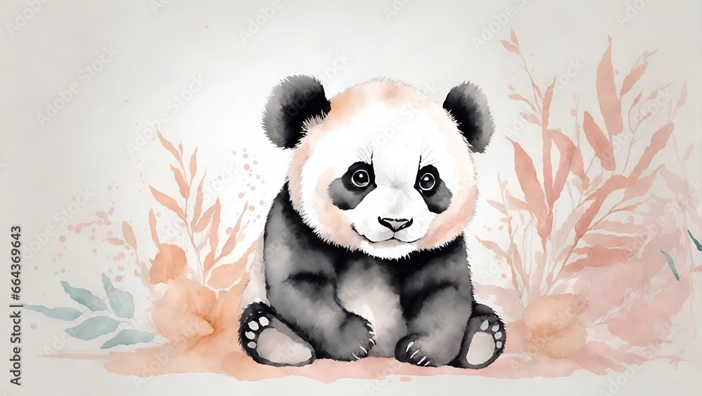 Wall mural baby panda. kids room wallpaper with baby animals in pastel colors. nursery wall mural, very minimal