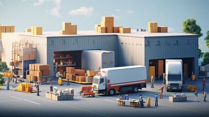 workers loading a delivery truck with neatly stacked cardboard boxes outside a logistics warehouse.