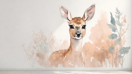 Baby roe deer. Kids room wallpaper with baby animals in pastel colors. Nursery wall mural, very minimalistic drawing, white wall