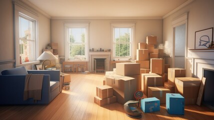 Fototapeta premium a living room with cardboard boxes filled with household items, highlighting the concept of a seamless move to a new home.