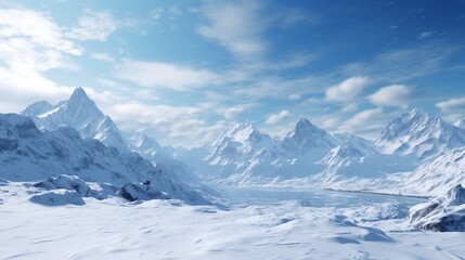 Fototapeta na wymiar A serene, snow-covered mountain range with sharp, jagged peaks that pierce the sky.