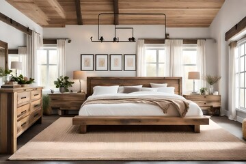 modern bedroom with a charming farmhouse interior design.