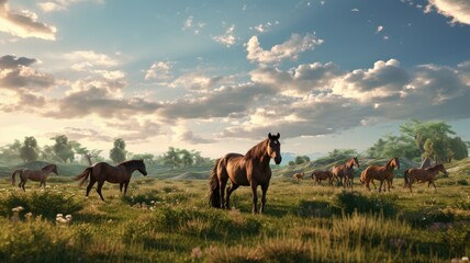 a horse herd leisurely grazing in a sunlit summer pasture.