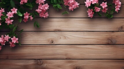 Template of a light hardwood background with a top view of a decorative flowering plant surrounding it in green. Old-looking wooden plank boards with pink flowering plant leaves and copy space.