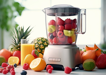 Smoothie  blender mixer with various fruits and berries on light kitchen table.Macro.AI Generative