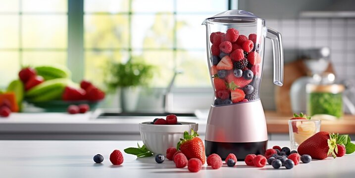 Fresh ripe fruits and berries for healthy breakfast drink with blender mixer on light kitchen table.Macro.AI Generative