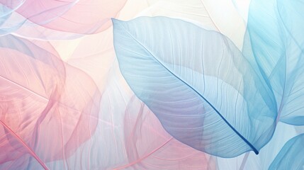 translucent skeleton leaves in pastel shades of blue, turquoise, pink, and peach. Gentle, bright, and lovely nature illustration. backdrop made of nature.