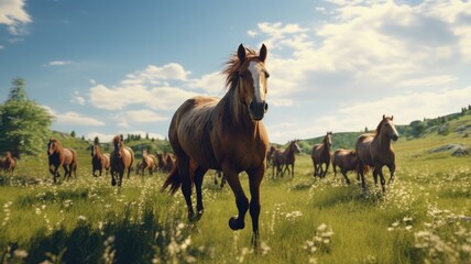a horse herd leisurely grazing in a sunlit summer pasture. - obrazy, fototapety, plakaty