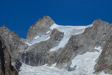 The snow-capped mountains of the Mont Blanc Alps, shot in Val Ferret, near the town of Courmayeur, Aosta Valley, Italy - October 2, 2023.