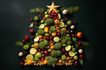 Christmas tree made out of food. Generative Ai