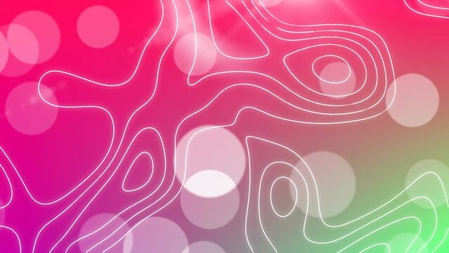 Animation of spots and topography against pink and green gradient background with copy space